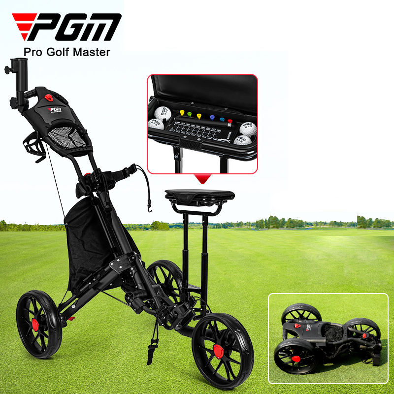 PGM QC007 3 wheel foldable golf push cart golf trolleys with seat ice packs umbrella holder