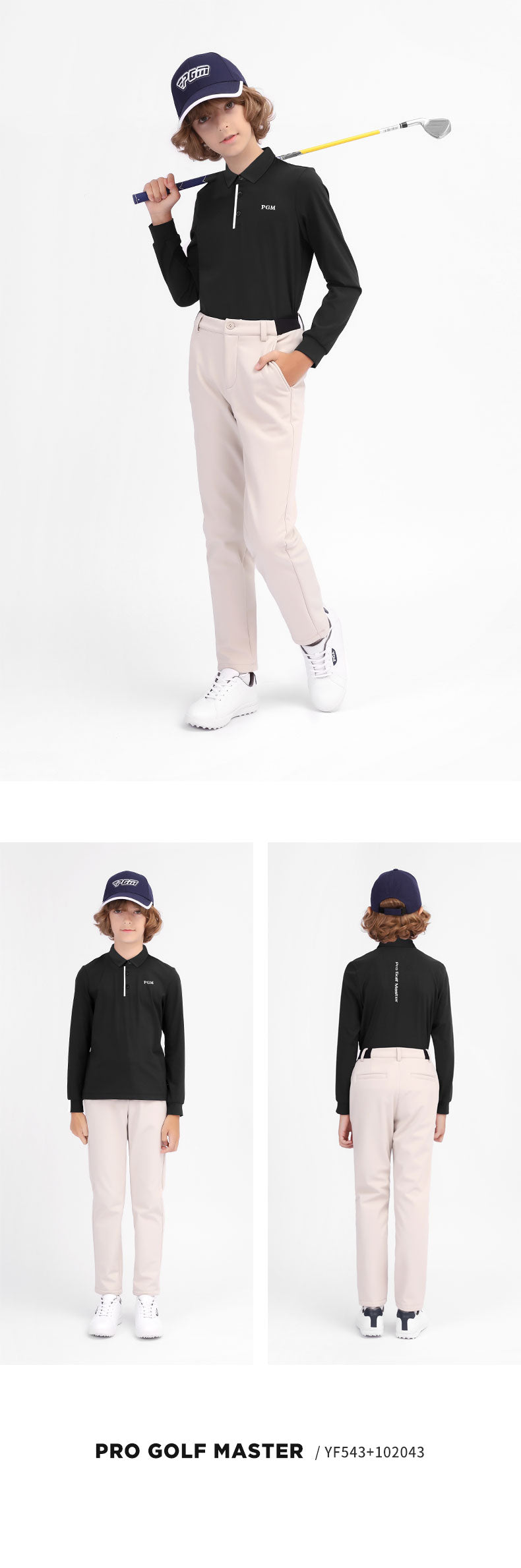 PGM YF543 kids collared shirt golf polo fashion long sleeve 4 way stretch golf polo