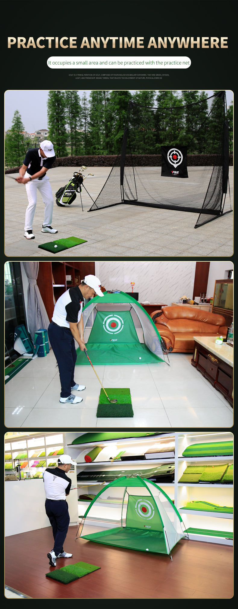 PGM DJD024 golf hitting mat mini backyard golf practice 3-in-1 hit mat foldable hitting swing mat